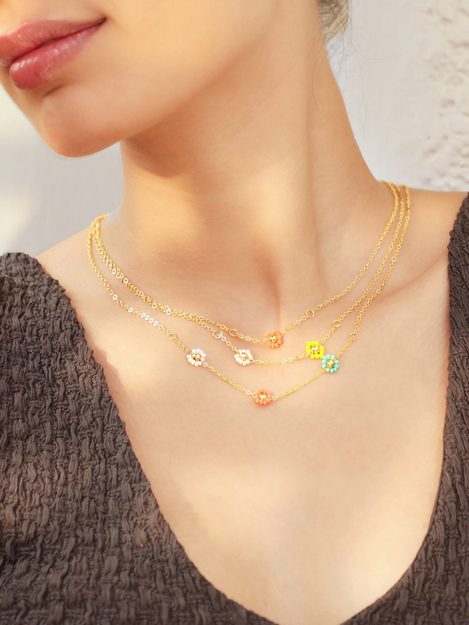 Rubans Voguish Multicolour Floral Beaded Triple Layered Necklace - Image 6