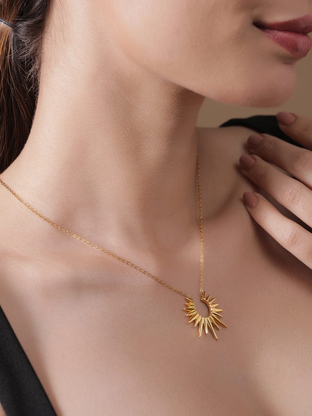 Gold Plated Stainless Steel Tarnish-Free Waterproof Sunburst Pendant Necklace