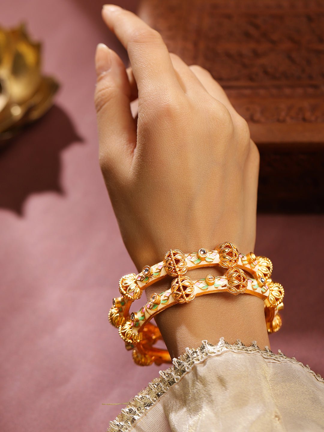 Rubans Set of 2 White, Pink & Green Enamel & Kundan Studded Bangles