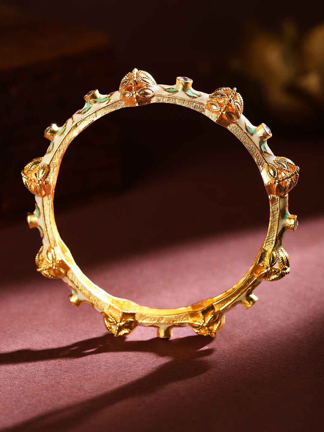 Rubans Set of 2 White, Pink & Green Enamel & Kundan Studded Bangles - Image 4