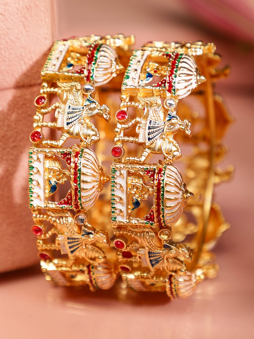 Rubans Set of 2 Handcrafted Bridal Bangles with Multicolor Enamel & Stones