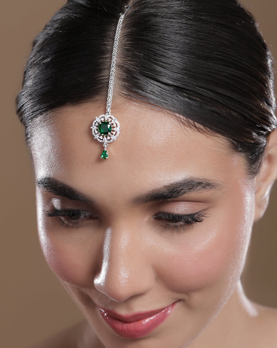 Rubans Emerald Green & Cubic Zirconia Studded Maang Tikka