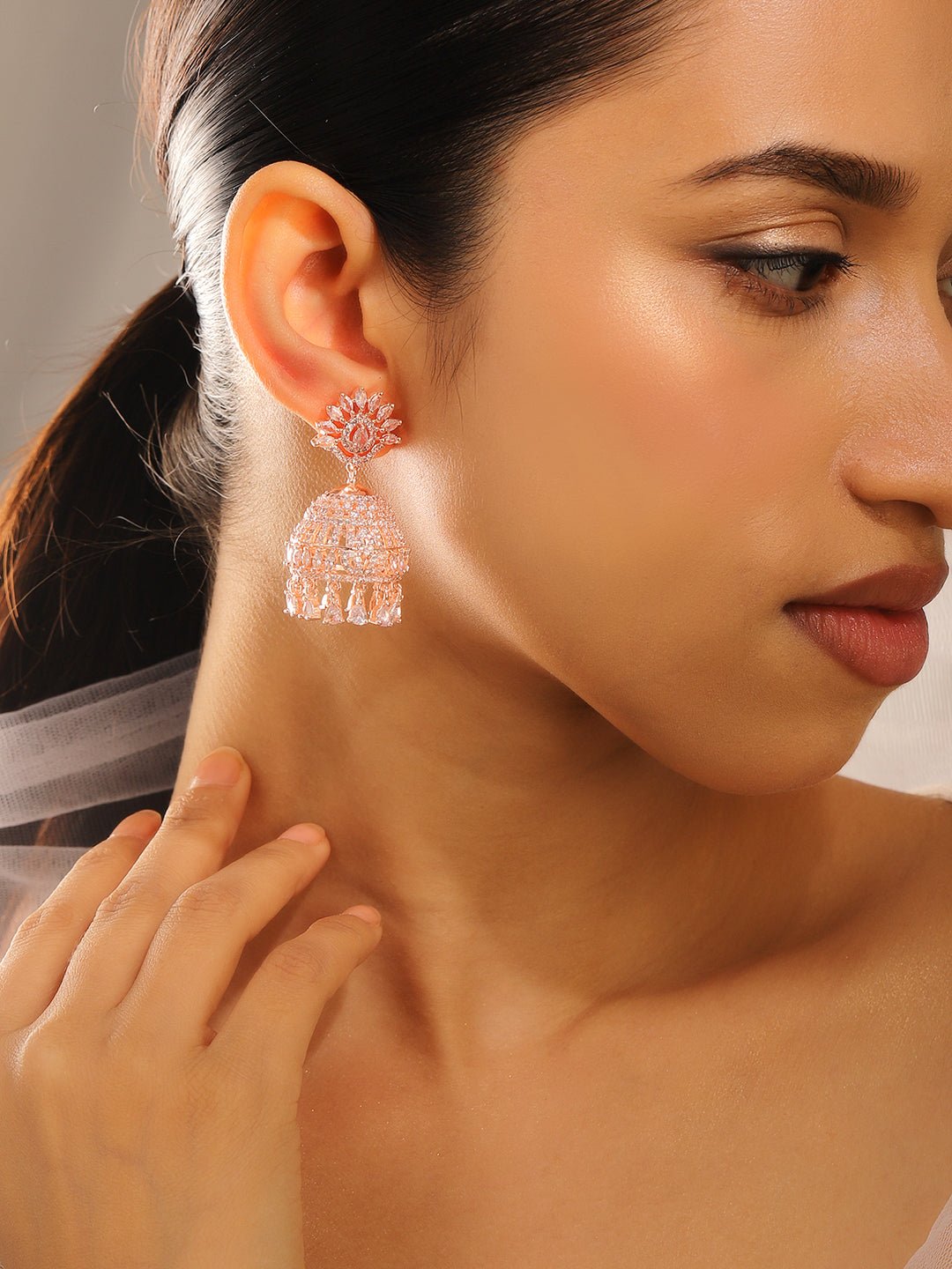 Rubans Rose Gold White Cubic Zirconia Studded Statement Jhumka Earrings