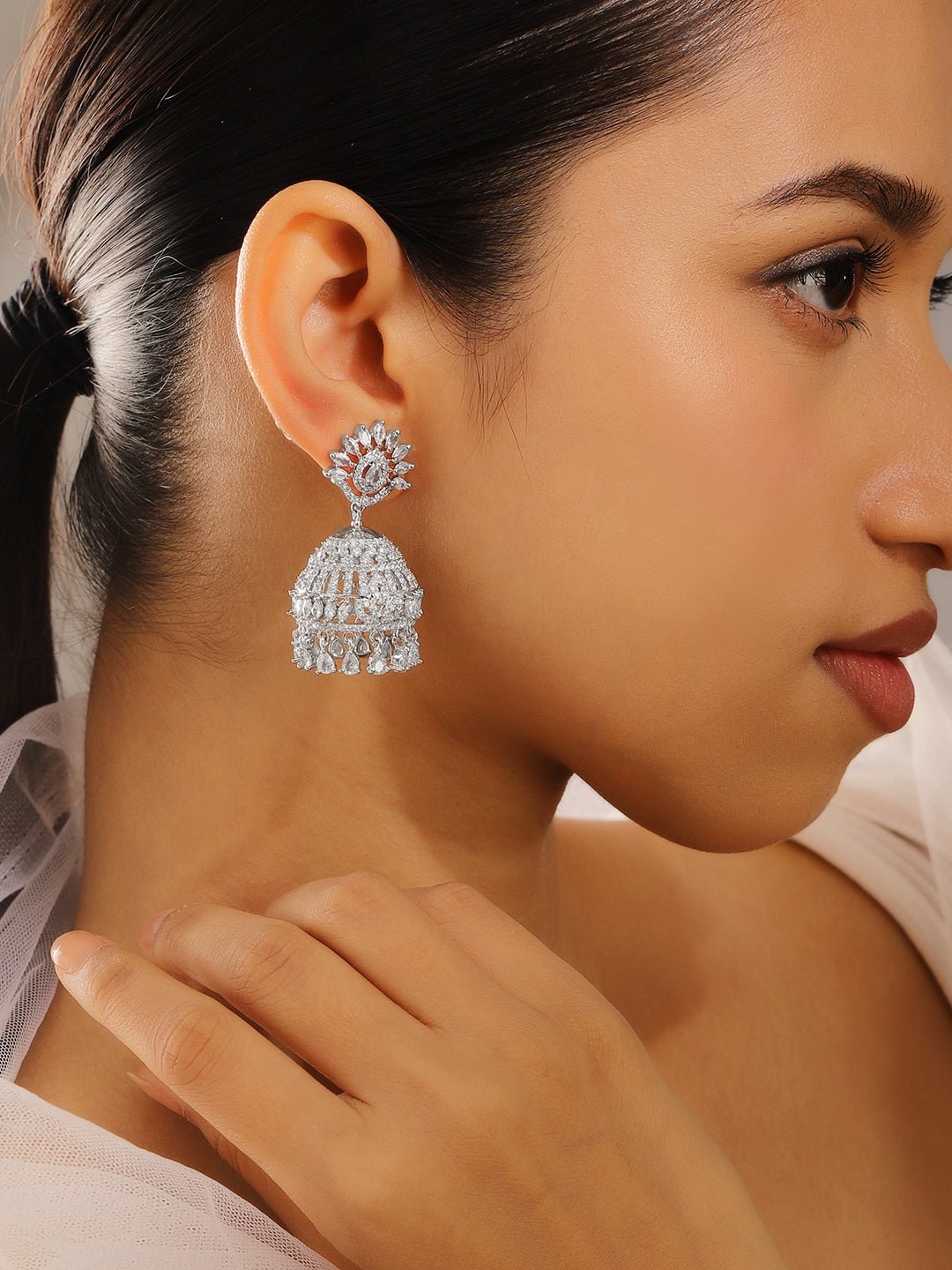 White Cubic Zirconia Studded Statement Jhumka Earrings for Women