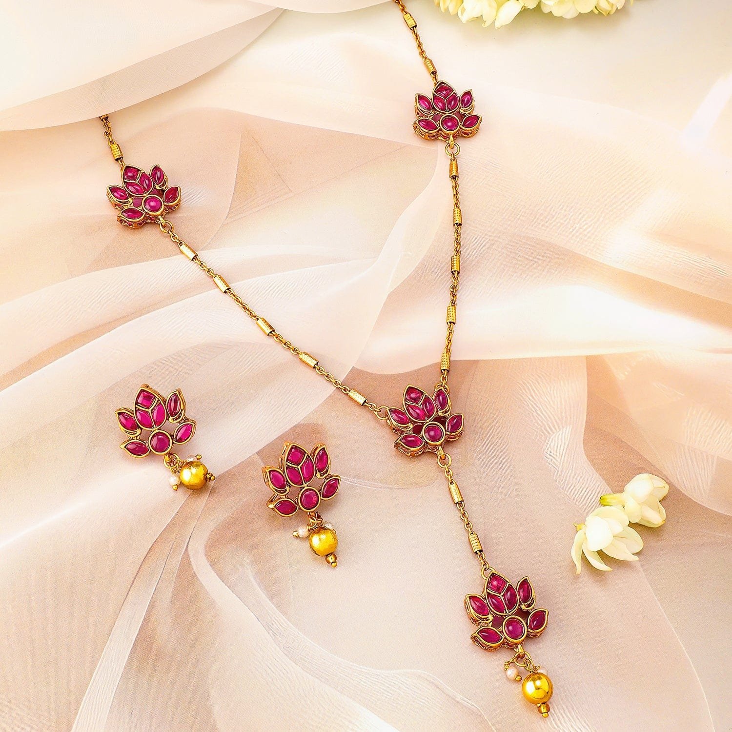 Ruby Pink Studded Layered Lotus Motif Necklace Set
